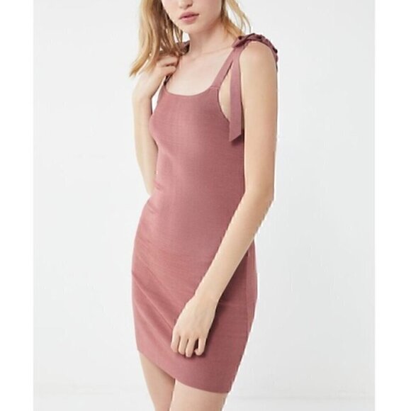 URBAN OUTFITTERS Rose Marie Tie Shoulder Mini Dress Mauve Ribbed Sweater Bodycon - Picture 3 of 16